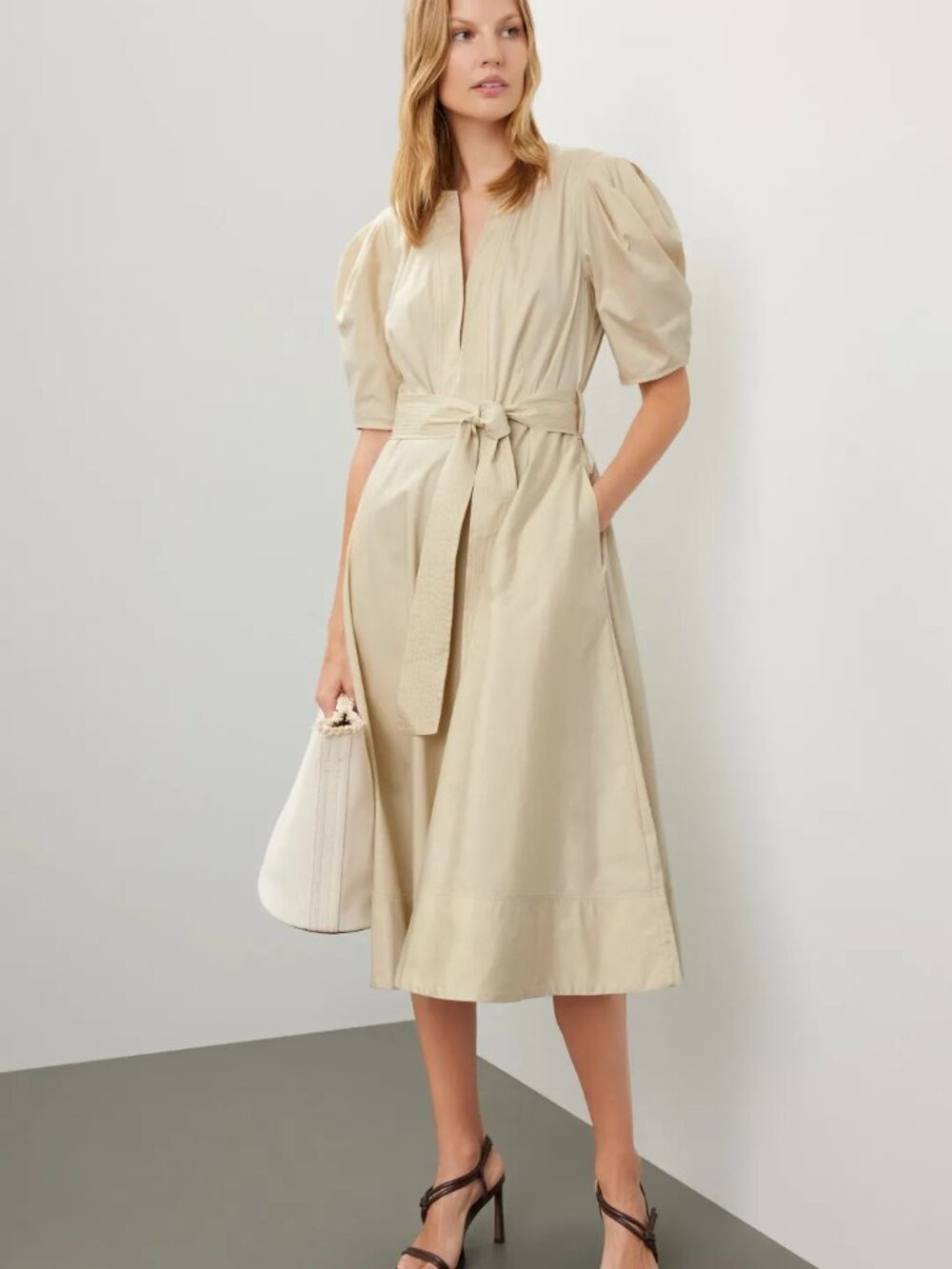 NWT Polo Ralph Lauren Puff Khaki Sleeve Midi Dress Sz 0 - Picture 2 of 5